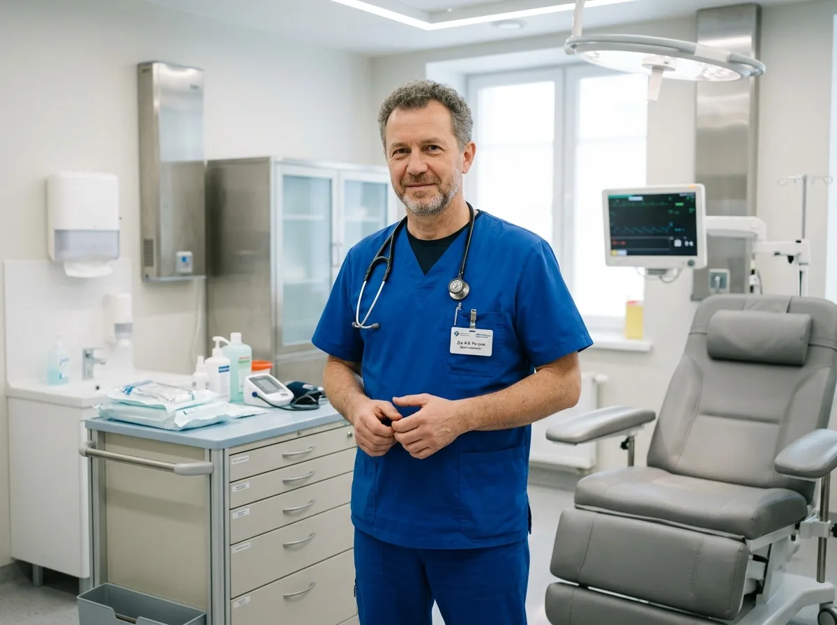 Врач-нарколог средних лет в синем медицинском халате стоит в современно оснащённом процедурном кабинете наркологического стационара